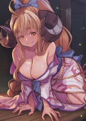 Rule 34 | 1girl, absurdres, ahoge, all fours, anila (granblue fantasy), anila (yukata) (granblue fantasy), bare shoulders, blonde hair, braid, breasts, bug, cleavage, curled horns, draph, firefly, granblue fantasy, grin, highres, horns, insect, japanese clothes, kimono, large breasts, lc butter, long hair, off shoulder, single braid, smile, solo, thick eyebrows, very long hair, yellow eyes, yukata