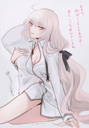 Rule 34 | 1girl, alternate costume, arm support, black ribbon, blonde hair, blush, bottomless, breasts, cleavage, fate/grand order, fate (series), hair ribbon, jeanne d&#039;arc (fate), jeanne d&#039;arc alter (avenger) (fate), jeanne d&#039;arc alter (fate), long hair, long sleeves, looking at viewer, medium breasts, hugging object, omizu (omz), parted lips, pillow, pillow hug, ribbon, shirt, smile, solo, translated, twitter username, very long hair, white shirt, yellow eyes