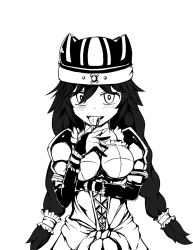 Rule 34 | 1girl, artist request, blush, braid, breasts, detached sleeves, frills, hat, long hair, long sleeves, lupusregina beta, maid, monochrome, overlord (maruyama), puffy sleeves, simple background, solo, tongue, tongue out, twin braids