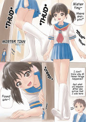 Rule 34 | 1boy, 1girl, brown eyes, brown hair, english text, highres, manzi, mini person, miniboy, open mouth, scared, school uniform, searching, size difference, smile, translated