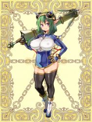 Rule 34 | 1girl, black thighhighs, blush, boots, breasts, carrying over shoulder, covered erect nipples, full body, gloves, green hair, hand on own hip, headgear, holding, holding weapon, huge breasts, kerberos blade, looking at viewer, non-web source, official art, pointy ears, purple eyes, ryoji (nomura ryouji), shiny clothes, smile, solo, thighhighs, weapon, yellow background, zipper