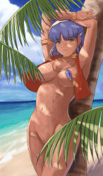 Rule 34 | 1girl, armlet, armpits, arms behind head, arms up, beach, blush, bob cut, bottomless, bracelet, breasts, cloud, commentary, convenient censoring, cowboy shot, cropped vest, dark-skinned female, dark skin, earrings, fushigi no umi no nadia, gem, green eyes, hair ornament, hairclip, hoop earrings, jewelry, large breasts, light smile, looking at viewer, nadia la arwall, navel, neck ring, necklace, nose blush, nudist, ocean, outdoors, palm leaf, pendant, popo agaga, purple hair, red vest, short hair, sky, smile, solo, standing, sweat, tree, vest, water