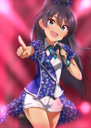 Rule 34 | 1girl, :d, aqua eyes, black hair, blue bow, bow, cowboy shot, dars (recolors), fang, floating hair, ganaha hibiki, hair between eyes, hair bow, head tilt, high ponytail, holding, holding microphone, idolmaster, idolmaster (classic), index finger raised, leg up, long hair, looking at viewer, microphone, open mouth, outstretched arm, short shorts, short sleeves, shorts, smile, solo, sparkle, standing, standing on one leg, very long hair, white shorts, wristband