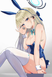 Rule 34 | 1girl, absurdres, animal ears, bare shoulders, blonde hair, blue archive, blue bow, blue eyes, blue hairband, blue leotard, bow, bowtie, braid, breasts, detached collar, fake animal ears, hairband, halo, highleg, highleg leotard, highres, leotard, long hair, medium breasts, official alternate costume, official alternate hairstyle, ok sign, playboy bunny, rabbit ears, shooot108, simple background, sitting, solo, thighhighs, thighs, toki (blue archive), toki (bunny) (blue archive), very long hair, white background, white thighhighs, wrist cuffs