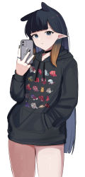 Rule 34 | 1girl, barbell piercing, black hair, black hoodie, black nails, blue eyes, blunt bangs, casual, choker, closed mouth, cowboy shot, earrings, extra ears, fingernails, gradient hair, hand in pocket, highres, hololive, hololive english, hood, hoodie, jewelry, ku roiko, long fingernails, long hair, long sleeves, looking at viewer, mole, mole under eye, multicolored hair, multiple piercings, multiple rings, nail polish, ninomae ina&#039;nis, no pants, octopus, orange hair, piercing, pointy ears, print hoodie, ring, selfie, simple background, solo, tentacle hair, thigh gap, thighs, very long hair, virtual youtuber, white background