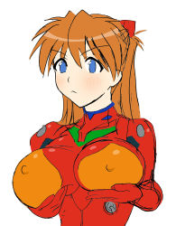 Rule 34 | 1girl, alternate breast size, blue eyes, blush, bodysuit, grabbing another&#039;s breast, breasts, brown hair, grabbing, grabbing own breast, hair ornament, large breasts, lips, long hair, looking at viewer, neon genesis evangelion, nipples, open mouth, pixiv1478062, plugsuit, red bodysuit, shiny clothes, skin tight, solo, souryuu asuka langley, two side up, upper body, very long hair