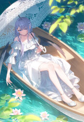 Rule 34 | 1girl, black wings, blue eyes, blue hair, boat, closed mouth, dress, dress ribbon, feathered wings, flower, hair between eyes, high heels, highres, holding, holding umbrella, leila (toosaka asagi), lily pad, long hair, long sleeves, looking at viewer, lotus, mole, mole under eye, off-shoulder dress, off shoulder, original, outdoors, sitting, smile, solo, toosaka asagi, umbrella, watercraft, white dress, white footwear, wings