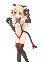 Rule 34 | 1girl, absurdres, animal ears, animal hands, bare shoulders, bell, black thighhighs, blush, breasts, cat, cat ears, cat girl, cat paws, commentary request, elbow gloves, fake animal ears, fate/kaleid liner prisma illya, fate (series), feet out of frame, gloves, hair bell, hair between eyes, hair ornament, highres, illyasviel von einzbern, illyasviel von einzbern (beast style), long hair, looking at viewer, medium breasts, navel, official alternate costume, open mouth, red eyes, red ribbon, ribbon, shu pian, simple background, smile, solo, thighhighs, white background