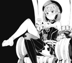 Rule 34 | 1girl, barefoot, black background, blush, breasts, commentary request, detached collar, fate/grand order, fate (series), feet, female focus, greyscale, hat, helena blavatsky (fate), helena blavatsky (third ascension) (fate), monochrome, short hair, single thighhigh, sitting, small breasts, smile, soles, sumisu (mondo), sweat, thighhighs, throne