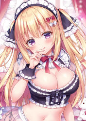 Rule 34 | 1girl, :q, black panties, black skirt, blonde hair, bow, bowtie, breasts, cleavage, cleavage cutout, clothing cutout, commentary request, crop top, frills, hair bow, hair ribbon, hand up, head tilt, headdress, heart, heart-shaped pupils, large breasts, long hair, looking at viewer, midriff, mitsuba choco, navel, original, panties, purple eyes, ribbon, see-through, short sleeves, side-tie panties, skirt, smile, solo, string panties, stuffed animal, stuffed rabbit, stuffed toy, symbol-shaped pupils, tongue, tongue out, two side up, underwear, upper body, wrist cuffs