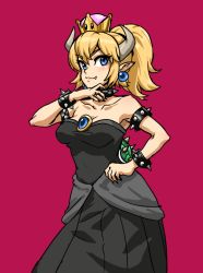 Rule 34 | armband, armlet, athenawyrm, black dress, blonde hair, blue eyes, bowsette, bracelet, choker, crown, dress, fang, fang out, fingernails, hand on own chin, hand on own hip, horns, jewelry, mario (series), nintendo, ojou-sama pose, pointy ears, ponytail, red background, sharp fingernails, simple background, spiked armlet, spiked bracelet, spikes, standing, super crown