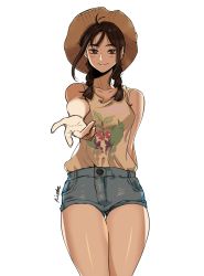 Rule 34 | 1girl, bad id, bad pixiv id, blush, braid, brown eyes, brown hair, commission, eyebrows, foreshortening, hat, highres, long hair, looking at viewer, original, outstretched arm, outstretched hand, pyojunbe, reaching, reaching towards viewer, short shorts, shorts, simple background, smile, solo, straw hat, sun hat, tank top, thick eyebrows, thighs, twin braids, white background
