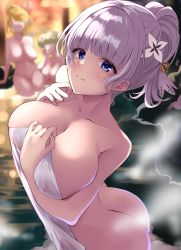 Rule 34 | 3girls, alternate hairstyle, ass, azur lane, blonde hair, blue eyes, breasts, cleavage, covering privates, formidable (azur lane), highres, illustrious (azur lane), long hair, looking at viewer, mole, mole under eye, multiple girls, naked towel, nude cover, smile, towel, victorious (azur lane), wee (weeyy), white hair, white towel