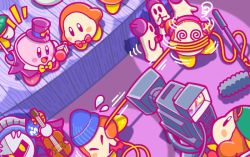 Rule 34 | 1boy, @ @, armor, backwards hat, baseball cap, beanie, blade knight, blue hat, boom microphone, bow, bowtie, cappy (kirby), coattails, gloves, hat, headphones, instrument, kirby, kirby (series), mask, meta knight, microphone, mini hat, mini top hat, nintendo, official art, pauldrons, shoulder armor, stage, top hat, video camera, violin, waddle dee, wire