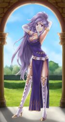 Rule 34 | 1girl, absurdres, armpits, arms behind head, boots, fire emblem, fire emblem: genealogy of the holy war, fire emblem heroes, gloves, hand in own hair, hazuki (nyorosuke), highres, ishtar (fire emblem), jewelry, long hair, looking at viewer, nintendo, purple eyes, purple hair, solo, thighhighs