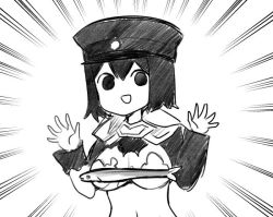 Rule 34 | 10s, 1girl, :d, akitsu maru (kancolle), artist name, black eyes, black hair, black hat, breasts, censored, censored nipples, emphasis lines, female focus, fish, fish censor, greyscale, hair between eyes, hat, kantai collection, long sleeves, looking at viewer, medium breasts, military, military uniform, monochrome, navel, no bra, novelty censor, open mouth, short hair, simple background, smile, solo, torn clothes, uniform, upper body, white background, yuzuki gao