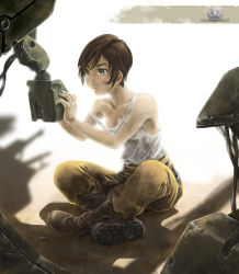 Rule 34 | 1girl, bare shoulders, belt, boots, brown eyes, brown hair, dirty, expressionless, highres, indian style, machine, marwan islami, original, short hair, sitting, solo, strap slip