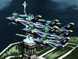 Rule 34 | 6+girls, aircraft, airplane, blue angels, clone, f-11, fighter jet, flying, hatsune miku, jet, military, military vehicle, multiple girls, parody, rxjx, spring onion, statue of liberty, twintails, united states navy, vehicle focus, vocaloid