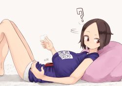 Rule 34 | 1girl, ?, absurdres, bean bag chair, breasts, brown eyes, brown hair, cellphone, highres, huge breasts, lying, on back, original, phone, raised eyebrow, rucchiifu, searching, shirt, short hair, short shorts, shorts, simple background, smartphone, solo, white background