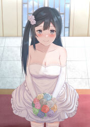 Rule 34 | 1girl, aitheryo, blue eyes, blue hair, blush, bouquet, breasts, cleavage, commentary request, dark blue hair, dress, flower, gloves, hair flower, hair ornament, highres, holding, holding bouquet, indoors, large breasts, long hair, looking at viewer, love live!, love live! nijigasaki high school idol club, side ponytail, smile, solo, thighhighs, wedding dress, white dress, white gloves, white thighhighs, yuki setsuna (love live!)
