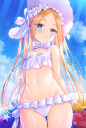 Rule 34 | 1girl, abigail williams (fate), abigail williams (swimsuit foreigner) (fate), abigail williams (swimsuit foreigner) (third ascension) (fate), bare shoulders, bikini, blonde hair, blue eyes, blue sky, blush, bonnet, bow, breasts, closed mouth, fate/grand order, fate (series), forehead, hair bow, highres, innertube, long hair, looking at viewer, miniskirt, navel, parted bangs, sidelocks, skirt, sky, small breasts, smile, sunlight, swim ring, swimsuit, thighs, tomo (tmtm mf mf), twintails, very long hair, white bikini, white bow, white headwear