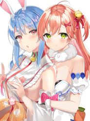 Rule 34 | 2girls, ahoge, animal ears, armband, bare shoulders, bell, blue hair, breasts, cherry blossom print, cosplay, costume switch, don-chan (usada pekora), eyebrows, floral print, frills, green eyes, hair bell, hair ornament, hairclip, highres, hololive, large breasts, long hair, looking at viewer, loose clothes, motsunuki, multiple girls, paw print, paw print pattern, pink hair, rabbit ears, red eyes, sakura miko, sakura miko (1st costume), sakura miko (cosplay), small breasts, underboob, usada pekora, usada pekora (1st costume), usada pekora (cosplay), virtual youtuber, white background, x hair ornament