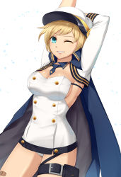 Rule 34 | 1girl, arms up, azur lane, bandaid, bandaid on leg, blonde hair, blue cape, blue eyes, blue necktie, breasts, california (azur lane), cape, cleavage, commentary request, cowboy shot, detached collar, detached sleeves, dress, hat, highres, leg belt, looking at viewer, medium breasts, microdress, necktie, one eye closed, panties, pantyshot, parted lips, pazuzu438, pouch, short hair, short necktie, sideboob, sidelocks, simple background, smile, solo, standing, strapless, strapless dress, stretching, thigh pouch, thigh strap, underwear, white background, white dress, white hat, white panties, white sleeves