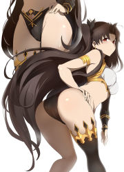 Rule 34 | 1girl, armlet, ass, asymmetrical legwear, asymmetrical sleeves, bare legs, bare shoulders, bikini, black bikini, black bow, black hair, black sleeves, black thighhighs, blush, bow, breasts, bridal gauntlets, curvy, detached collar, detached sleeves, earrings, fate/grand order, fate (series), hair bow, hand on own hip, highleg, highleg bikini, highres, hoop earrings, huge ass, ishtar (fate), jewelry, leaning forward, long hair, looking at viewer, looking back, medium breasts, mismatched bikini, multiple views, neck ring, parted bangs, red eyes, shiny skin, simple background, single detached sleeve, single thighhigh, swimsuit, thighhighs, thighlet, thighs, tiara, twintails, two side up, uneven legwear, uneven sleeves, white background, white bikini, xiaodi