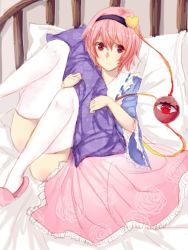 Rule 34 | 1girl, artist request, bed, dress, eyeball, female focus, floral print, frills, headband, heart, holding, komeiji satori, pillow, short hair, slippers, solo, thighhighs, thighs, third eye, touhou, traditional media, white thighhighs, wide sleeves