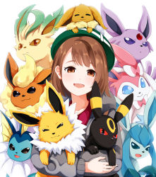 Rule 34 | 1girl, absurdres, brown eyes, brown hair, cardigan, commentary request, creatures (company), eevee, espeon, evolutionary line, flareon, game freak, gen 1 pokemon, gen 2 pokemon, gen 4 pokemon, gen 6 pokemon, glaceon, gloria (pokemon), green headwear, grey cardigan, hat, highres, holding, holding pokemon, jolteon, leafeon, long sleeves, looking at viewer, nintendo, on head, open mouth, pokemon, pokemon (creature), pokemon on head, pokemon swsh, short hair, simple background, smile, sylveon, tam o&#039; shanter, tsunamayo (flying cat), umbreon, vaporeon, white background