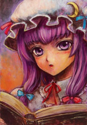 Rule 34 | 1girl, blush, book, face, female focus, hat, moon, open book, open mouth, patchouli knowledge, purple eyes, purple hair, reading, solo, tafuto, touhou, traditional media