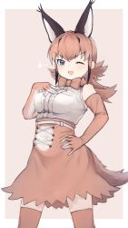 Rule 34 | 1girl, alenka, animal ear fluff, animal ears, bare shoulders, black hair, blue eyes, bow, bowtie, brown bow, brown bowtie, brown gloves, brown skirt, brown thighhighs, caracal (kemono friends), center frills, cowboy shot, elbow gloves, extra ears, frills, gloves, hand on own hip, hand on own chest, high-waist skirt, highres, kemono friends, light brown hair, long hair, multicolored hair, one eye closed, shirt, sidelocks, simple background, skirt, sleeveless, solo, tail, thighhighs, traditional bowtie, v-shaped eyebrows, white shirt, zettai ryouiki