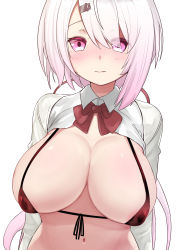 Rule 34 | 1girl, absurdres, bikini, blush, bow, breasts, collared shirt, dress shirt, front-tie top, gradient hair, hair between eyes, hair ornament, hairclip, highres, large breasts, long hair, long sleeves, looking at viewer, luyheg, micro bikini, multicolored hair, navel, nijisanji, nose blush, open clothes, open shirt, pink hair, red bikini, red bow, shiina yuika, shirt, simple background, solo, swept bangs, swimsuit, very long hair, virtual youtuber, white background, white hair, white shirt, wing collar