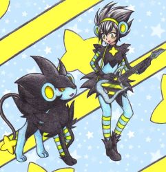 Rule 34 | 1girl, animal ears, black hair, blue background, blue legwear, breasts, chikorita85, creatures (company), electric guitar, eye contact, fake animal ears, full body, game freak, gen 4 pokemon, gloves, green eyes, guitar, instrument, long sleeves, looking at another, luxray, nintendo, personification, pokemon, pokemon (creature), pokemon dppt, shoes, small breasts, smile, socks, spiked hair, standing, star (symbol), starry background, striped clothes, striped legwear, striped socks, traditional media