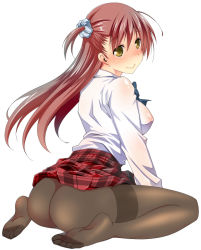 Rule 34 | 1girl, ahoge, ass, black pantyhose, blush, breasts, character request, clothes lift, covered erect nipples, feet, long hair, long sleeves, looking at viewer, looking back, medium breasts, no panties, no shoes, one side up, original, pantyhose, plaid, plaid skirt, red hair, scrunchie, shirt, simple background, sitting, skirt, skirt lift, smile, solo, theta (ponkotsu works), wariza, white background, white shirt, yellow eyes
