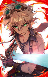 Rule 34 | 1boy, bandaid, bandaid on arm, bandaid on face, bandaid on nose, belt, bennett (genshin impact), blonde hair, fire, genshin impact, gloves, goggles, goggles on head, green eyes, hair between eyes, highres, holding, holding sword, holding weapon, looking at viewer, male focus, ojo aa, scar, scar on arm, simple background, skyward blade (genshin impact), sleeveless, solo, sword, weapon, white background