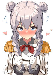 Rule 34 | 1girl, alternate hairstyle, amenocchi, beret, blue eyes, blush, braid, closed mouth, double bun, embarrassed, epaulettes, frilled sleeves, frills, gloves, grey hair, hair bun, hat, heart, highres, jacket, kantai collection, kashima (kancolle), long hair, long sleeves, looking at viewer, military jacket, military uniform, neckerchief, nose blush, red neckerchief, sidelocks, solo, twin braids, uniform, upper body, wavy hair, white gloves