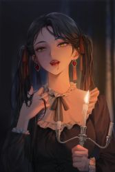 Rule 34 | 1girl, black hair, blood, blood on face, candelabra, candle, candlestand, collar, earrings, fangs, fire, frilled collar, frilled sleeves, frills, hand in own hair, highres, jewelry, licking lips, looking at viewer, original, ring, smile, solo, tanna, tongue, tongue out, twintails, upper body, vampire, yellow eyes