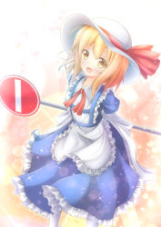 Rule 34 | 1girl, apron, back bow, blonde hair, blue dress, bow, collared dress, commentary request, dress, frilled apron, frilled dress, frills, happy, hat, hat ribbon, highres, holding, holding sign, kana anaberal, nullpuni, open mouth, pantyhose, puffy short sleeves, puffy sleeves, red ribbon, ribbon, road sign, short hair, short sleeves, sign, sun hat, touhou, touhou (pc-98), white apron, white bow, white hat, white pantyhose, yellow eyes