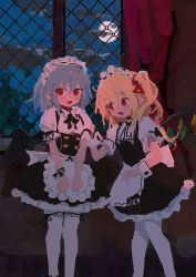 Rule 34 | 2girls, absurdres, alternate costume, apron, aqua hair, black dress, black neckwear, blonde hair, blush, bow, buttons, clenched hands, cloud, cloudy sky, dress, fangs, flandre scarlet, highres, looking at viewer, maid, maid apron, maid day, maid headdress, moon, multiple girls, night, night sky, no lineart, one side up, open mouth, own hands together, pointy ears, puffy short sleeves, puffy sleeves, red eyes, reddizen, remilia scarlet, ribbon, short hair, short sleeves, side ponytail, sky, thighhighs, touhou, waist bow, window, wrist cuffs, wrist ribbon
