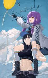 Rule 34 | 2girls, abs, absurdres, ankle ribbon, arm up, atsuko (blue archive), balloon, bare shoulders, baseball cap, belt, black belt, black gloves, black hair, black headwear, black pants, black shirt, blue archive, blue eyes, blue sky, boots, bow, braid, breasts, buckle, carrying, chest harness, chinese commentary, closed mouth, cloud, commentary request, cowboy shot, crop top, cross-laced clothes, cross-laced sleeves, day, full body, gloves, groin, hair between eyes, hair bow, harness, hat, highres, holster, hood, hooded jacket, jacket, ke zhongxiao niao, kneehighs, leg ribbon, long hair, long sleeves, looking at viewer, low twin braids, medium breasts, midriff, multiple girls, navel, open mouth, pants, piggyback, bulletproof vest, purple hair, reaching, red eyes, ribbon, sample watermark, saori (blue archive), shirt, sidelocks, sky, sleeveless, sleeveless shirt, snap-fit buckle, socks, standing, teeth, thigh holster, toned, twin braids, underbust, upper teeth only, watermark, white jacket, white socks