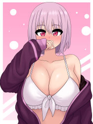 Rule 34 | 1girl, absurdres, bikini, blush, breasts, cleavage, collarbone, covering own mouth, framed, front-tie bikini top, front-tie top, gridman universe, hand over own mouth, highres, jacket, large breasts, long sleeves, off shoulder, open clothes, open jacket, pink background, pink eyes, pink hair, purple jacket, shinjou akane, solo, ssss.gridman, swimsuit, the only shoe, upper body, white bikini