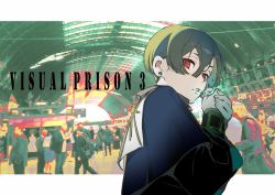 Rule 34 | 1boy, black hair, capelet, copyright name, earrings, highres, jack mouton, jacket, jewelry, katagiri ikumi, long sleeves, looking at viewer, male focus, open mouth, outside border, red eyes, ring, short hair, solo, stud earrings, visual prison