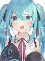 Rule 34 | 1girl, aqua eyes, aqua hair, black sleeves, blush, collared shirt, detached sleeves, ghost, hatsune miku, highres, kurobikari, looking at viewer, open mouth, red neckwear, shirt, sleeves past wrists, smile, solo, vocaloid, white background