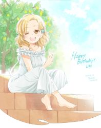 Rule 34 | 10s, 1girl, ;d, alternate hairstyle, anima yell!, bare shoulders, barefoot, blue sky, bow, casual, character name, cloud, cloudy sky, collarbone, commentary request, dated, day, dress, food, frilled dress, frills, fruit, hair bow, happy birthday, highres, lemon, long hair, looking at viewer, one eye closed, open mouth, outdoors, sawatari uki, signature, sitting, sitting on stairs, sky, sleeveless, sleeveless dress, smile, solo, stairs, sundress, teeth, tree, unohana tsukasa, upper teeth only, v, white dress, yellow eyes