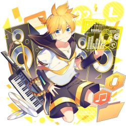 Rule 34 | 1boy, bad id, bad pixiv id, bass clef, beamed eighth notes, belt, black collar, black shorts, black sleeves, blonde hair, blue eyes, bow, cd, collar, detached sleeves, envelope, folder, full body, hair bow, headphones, headset, holographic interface, instrument, kagamine len, keyboard (instrument), keytar, looking at viewer, male focus, microphone symbol, musical note, nail polish, necktie, sailor collar, school uniform, seiza, shirt, short ponytail, short sleeves, shorts, sinaooo, sitting, smile, solo, speaker, swept bangs, vocaloid, white bow, white shirt, yellow nails, yellow necktie