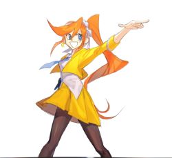 Rule 34 | 1girl, ace attorney, arm up, athena cykes, black gloves, black pantyhose, blue eyes, blue necktie, breasts, crescent, crescent earrings, cropped jacket, earrings, female focus, formal, gloves, godzillapigeon1, hair ribbon, happy, index finger raised, jacket, jewelry, legs apart, long hair, long sleeves, looking to the side, miniskirt, necktie, open mouth, orange hair, outstretched arm, pantyhose, phoenix wright: ace attorney - dual destinies, pleated skirt, pointing, ribbon, shirt, side ponytail, sidelocks, simple background, single earring, single glove, sketch, skirt, skirt suit, small breasts, smile, solo, standing, suit, swept bangs, v-shaped eyebrows, very long hair, white background, white ribbon, white shirt, yellow jacket, yellow skirt