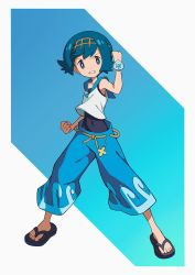 Rule 34 | 1girl, black footwear, black one-piece swimsuit, blouse, blue eyes, blue hair, blue pants, blue theme, capri pants, clenched hand, clenched teeth, commentary request, covered navel, creatures (company), flip-flops, freckles, full body, game freak, hairband, hand up, highres, lana (pokemon), looking at viewer, nintendo, one-piece swimsuit, pants, pokemon, pokemon sm, redrawn, sailor collar, sandals, shirt, short hair, sleeveless, sleeveless shirt, solo, swimsuit, swimsuit under clothes, teeth, toes, yellow hairband, yoshi (moco1), z-ring