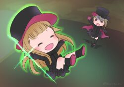 Rule 34 | 2girls, ange (princess principal), black dress, black footwear, blonde hair, blush, boots, brown hair, brown sky, cape, cavorite ball, chibi, commentary, dress, english commentary, floating, frilled dress, frills, gloves, hair flaps, happy, hat, long hair, multiple girls, princess (princess principal), princess principal, purple cape, purple gloves, short hair, top hat, xin (blueramen)