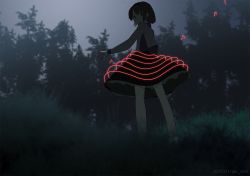 Rule 34 | 10s, 1girl, 2015, anime coloring, bad id, bad pixiv id, black skirt, bow, brown eyes, brown hair, cinkai, dark, dated, from behind, glowing, gradient background, grass, long sleeves, looking back, monochrome, outdoors, short hair, skirt, solo, standing, star (sky), touhou, tree, tsukumo yatsuhashi, twitter username
